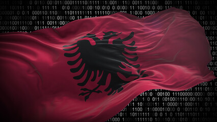 Binary code on flag of Albania. Program source code or Hacker concept on Albanian flag. Albania...