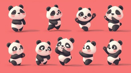 Fototapeta premium Cute animated panda characters posing against a red background