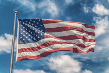 Naklejka premium American flag waving in the sunlight against a blue sky