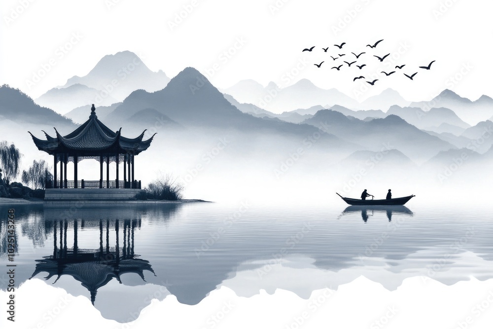 Aufkleber a person standing on a small boat in the middle of a serene lake, surrounded by nature