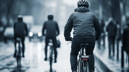 Fototapeta premium Bicyclists navigate a peaceful urban path blending into the soft hues of dawns early light