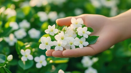 Close-Up of Hand-Harvested Jasmine Blossoms at Dawn for Fragrance Extraction