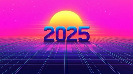 Retro 2025:  A bold and futuristic vision of 2025, depicted in a vibrant retro-style design, with the year 2025 rendered in 3D against a backdrop of a neon sunset.
