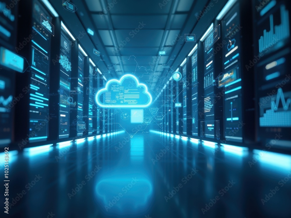 Poster futuristic data center with cloud computing visuals