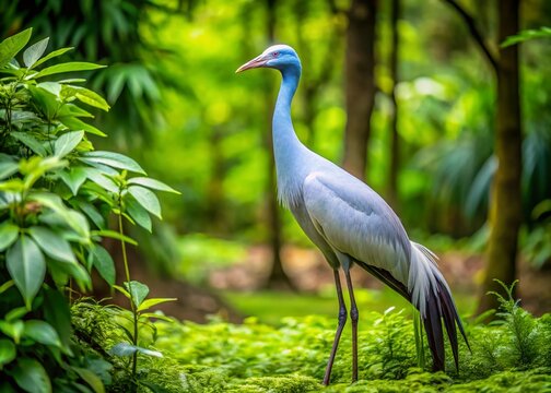 Elegant Blue Crane Bird Standing Gracefully Amidst Lush Greenery in a Serene Natural Environment