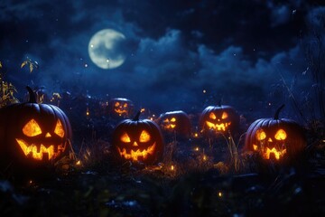 A group of carved pumpkins sit in a field under the night sky, illuminated by the moon and stars