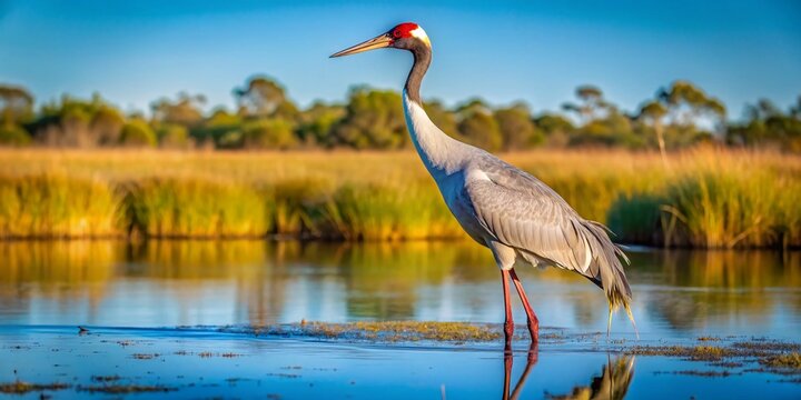 Elegant Brolga Bird Standing Gracefully in a Natural Wetland Habitat Under Clear Blue Sky