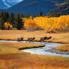 A AI generated image of a herd of elk passing through a  meadow with autumn colors on the trees