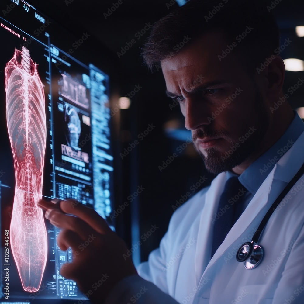Aufkleber A person in a lab coat sits in front of a computer, focusing on the screen