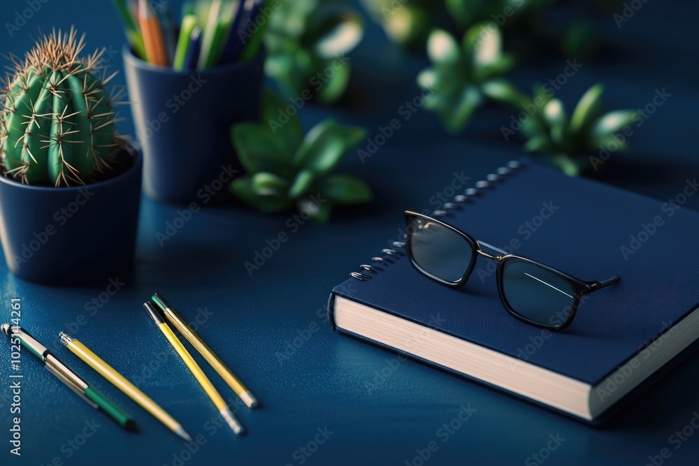 Canvas Prints A notebook, pen, and glasses sit on a table, great for illustrations of study or work environments