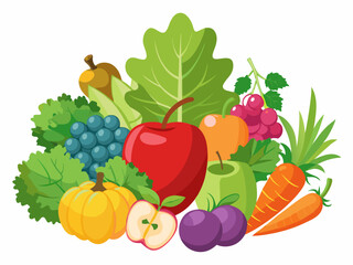 Assorted fresh fruits and vegetables including an apple, grapes, a carrot, a tomato, and leafy greens on a white background 