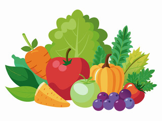 Assorted fresh fruits and vegetables including an apple, grapes, a carrot, a tomato, and leafy greens on a white background 