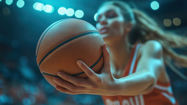 Dynamic female basketball player in action, showcasing skill and determination while training on the court, embodying the spirit of competitive sports.