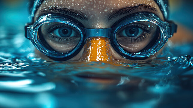 Intense underwater portrait of a focused swimmer in goggles, capturing the essence of determination and competitive spirit in aquatic sports.