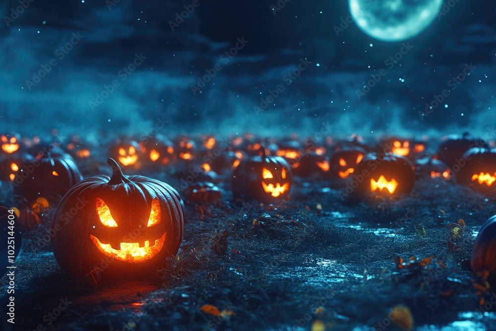 Poster A field filled with pumpkins at night, lit by a full moon