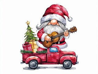 Obraz premium Gnome Santa Playing Guitar on Red Truck with Christmas Tree and Gifts