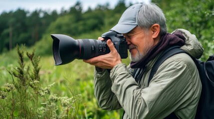 Photographer Adjusting Lens in Nature Setting
