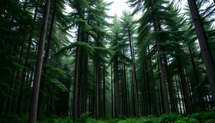Thick forest with tall green trees isolated with white highlights, png