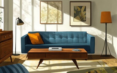 Side perspective of the room, capturing the blue sofa in relation to other mid-century furniture, such as a wooden coffee table and a stylish lamp. 