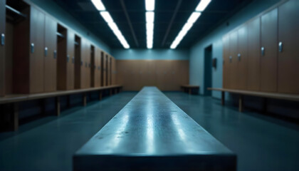 Fototapeta premium Defocused locker room background with steel table in focused, Backdrop for display sports products