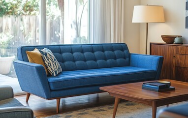 Side perspective of the room, capturing the blue sofa in relation to other mid-century furniture, such as a wooden coffee table and a stylish lamp. 