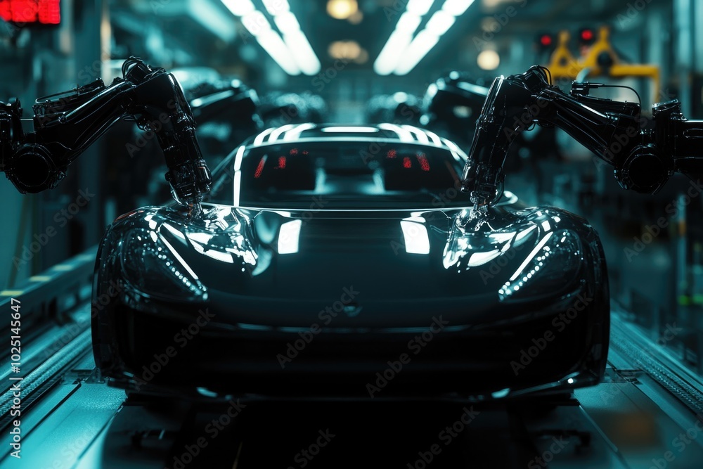 Poster a car being repaired or modified in a factory setting