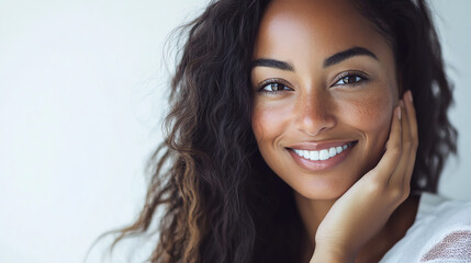 Fototapeta premium A fresh, vibrant portrait of a smiling woman with flawless skin, gently resting her hand on her cheek in a clean, white background