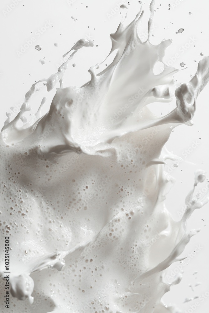 Poster a splash of milk on a white surface with a few drops spread around