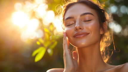 Fototapeta premium A natural beauty shot of a woman with smooth, flawless skin, smiling gently as she lightly touches her face in a bright background