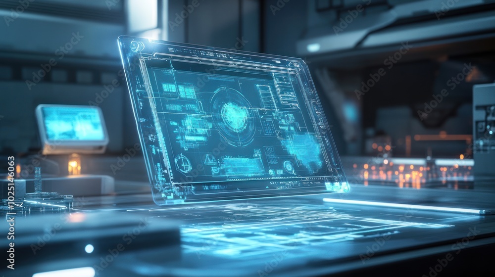Fototapete futuristic transparent computer display in a sci-fi setting
