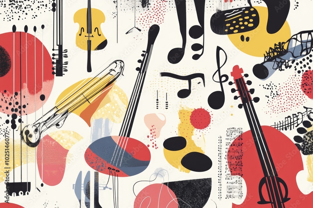 Poster pattern of various musical instruments on a white background, great for music-related themes