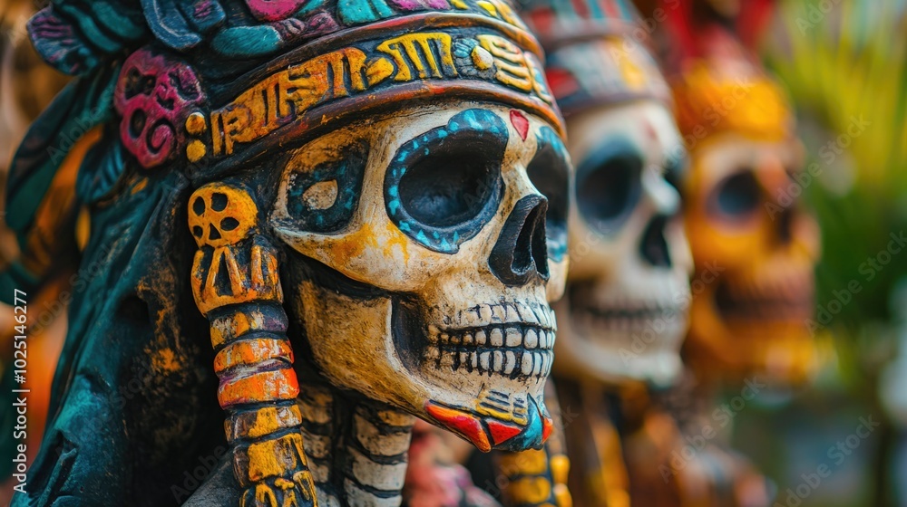 Poster a detailed view of a skull adorned with a decorative headdress, perfect for use in scenes requiring 