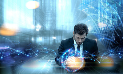 Naklejka premium Modern background with man reading news at smartphone, motion blur and and city lights at the background 