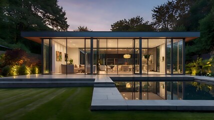 Fototapeta premium Sleek exterior of a contemporary glass house with a landscaped garden, illuminated by soft evening lights. Designed with generative AI.