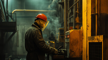 Obraz premium Industrial worker in protective gear operating heavy machinery inside a factory