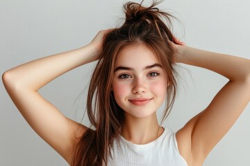 Fototapeta premium Portrait of a young woman wearing a white tank top and having a messy ponytail, great for personal or editorial use