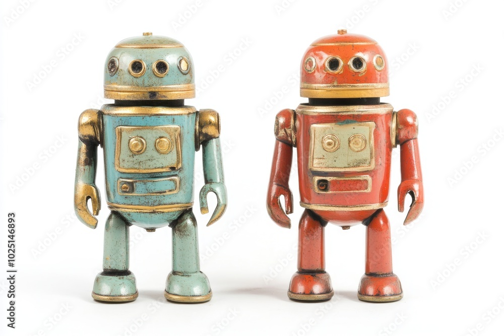 Poster two small toy robots stand side by side, made from plastic and metal with bright colors