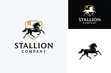 Running Black Wild Horse Mustang Stallion Equine Silhouette with a Shield for Animal Wildlife or Stable Ranch or Vehicle Premium Classic Logo Design