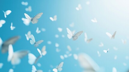   A group of white butterflies soaring in the sky against a vibrant blue background