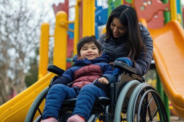 A person assisting a young child in a wheelchair, highlighting the importance of accessibility and support