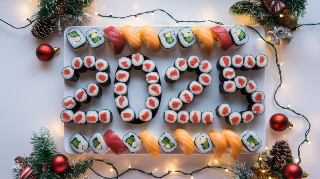 The pieces of sushi form the inscription "2025". Sushi is decorated with Christmas garlands and decorations, which creates a delightful contrast between Japanese cuisine and the festive mood.