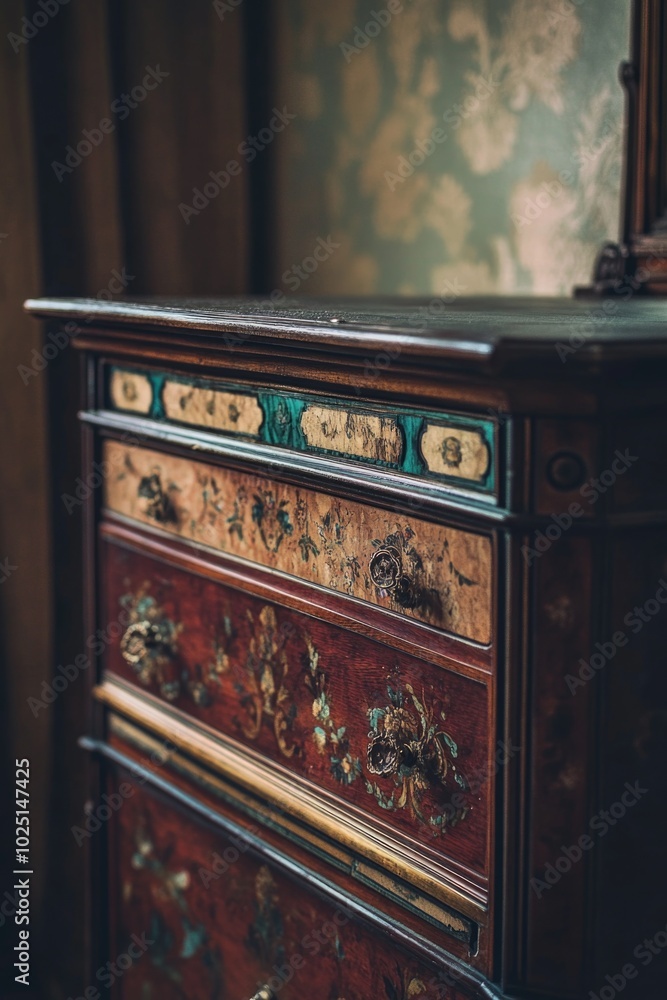 Poster a close-up view of a dresser with a clock on top, perfect for interior design or time-themed project