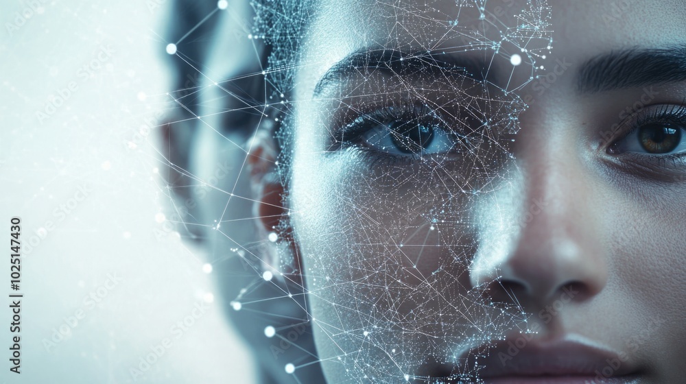 Poster a close-up shot of a woman's face covered in a network, suitable for use as a concept image or illus