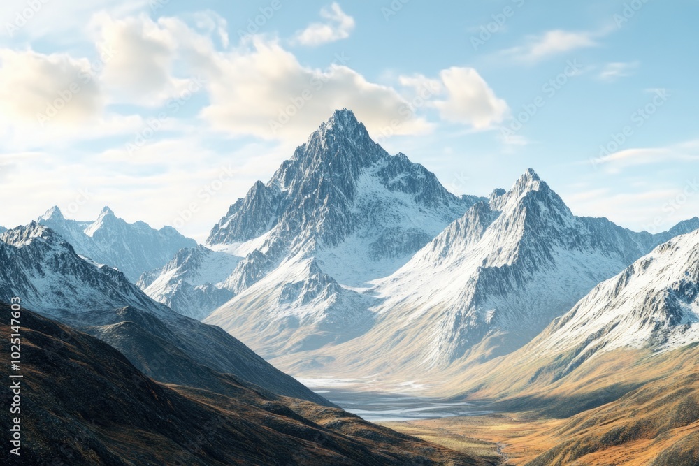 Poster A scenic view of a mountain range with a valley in the foreground, suitable for use in travel or outdoor-related projects