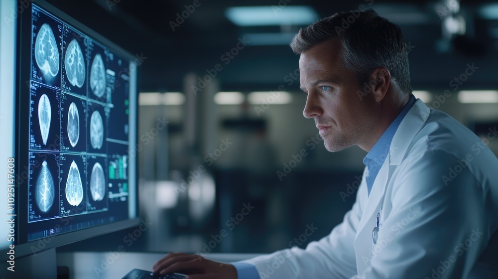 Poster A person wearing a lab coat is focused on using a computer for research or data analysis