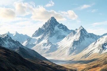 Fototapeta premium A scenic view of a mountain range with a valley in the foreground, suitable for use in travel or outdoor-related projects