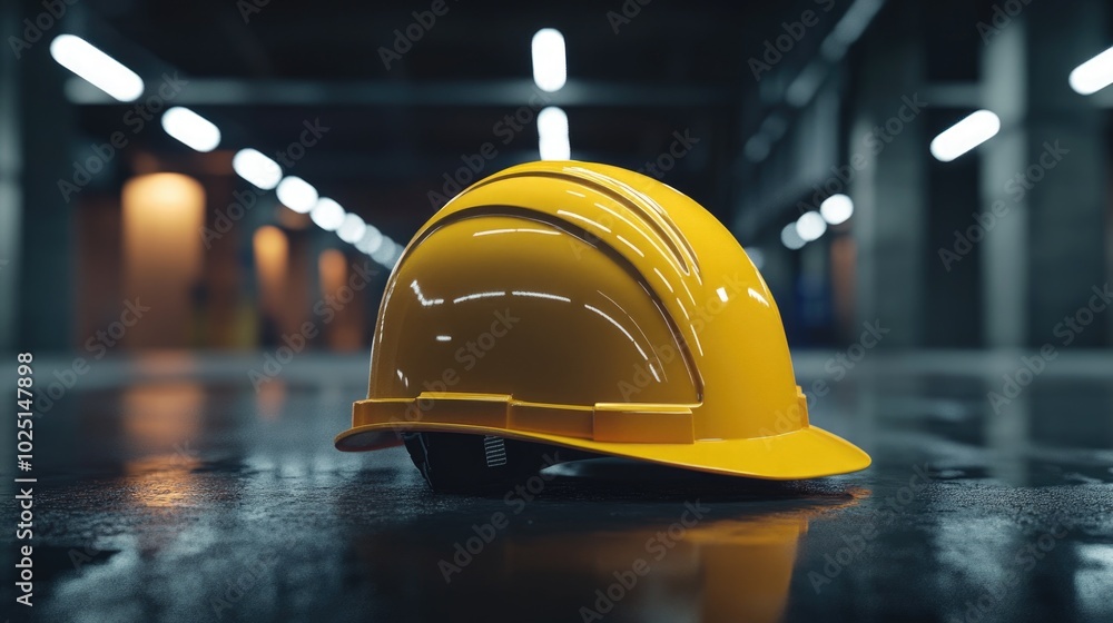 Sticker A bright yellow hard hat sits on the floor, ready for use