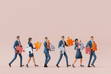 Obraz premium Business people waking with puzzles, solving problems, support concept 3D rendering 