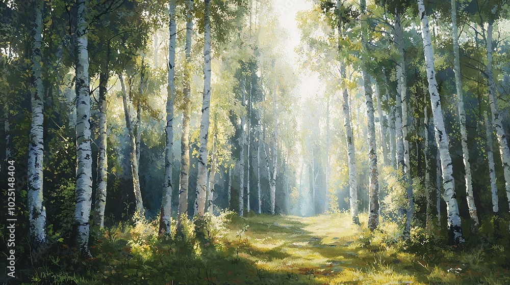 Poster pathway in the woods under sunlight filtering between trees