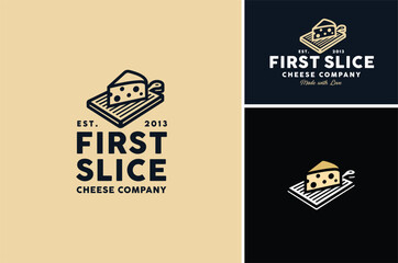 Slice of Wheel Cheese on Wooden Cutting Board for Traditional Cheesemonger Shop Store Vintage Classic label logo design